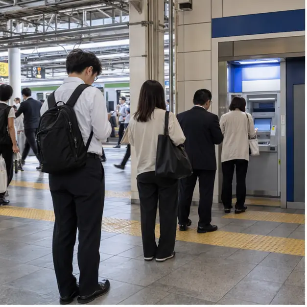 日本のATMに並ぶ人々